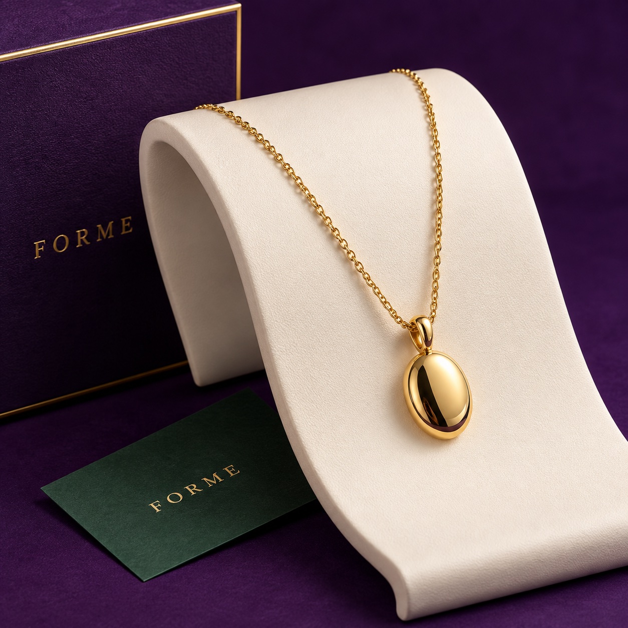 Realistic gold necklace on a white display with purple and jade accents
