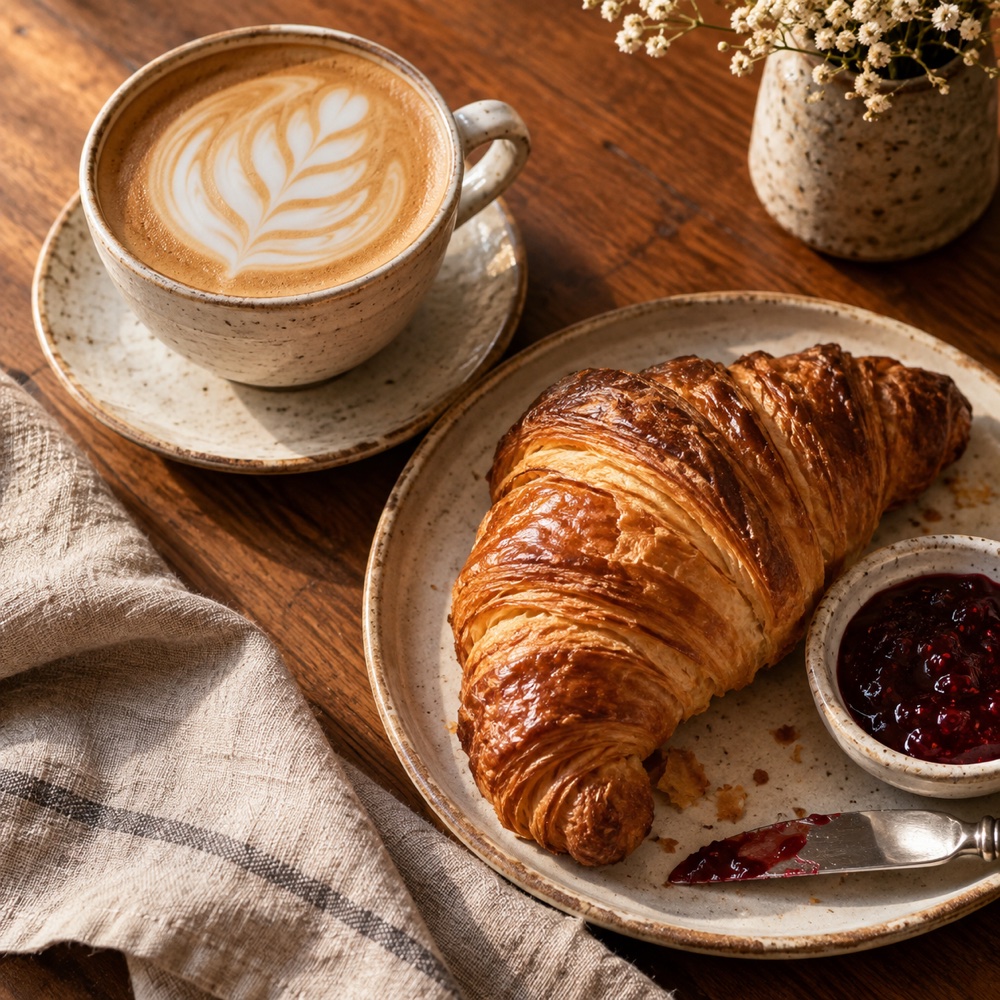 Latte and freshly baked croissant